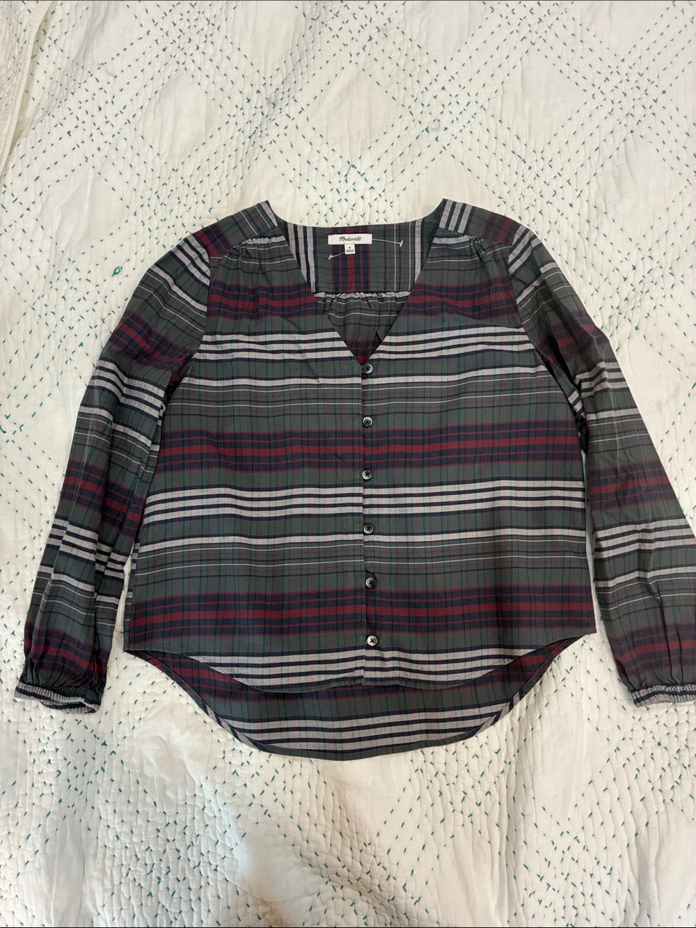 Madewell Plaid Button‑Down Blouse M | Fall Colors | Cotton Blend | Like New
